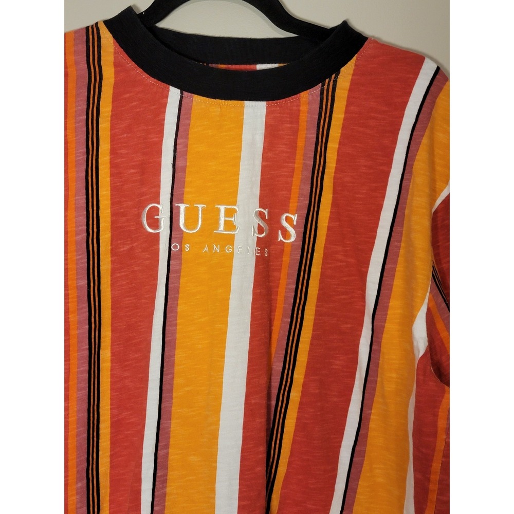 Guess Originals Striped Crewneck T-Shirt Mens Medium Orange Red‎ White Logo Tee
